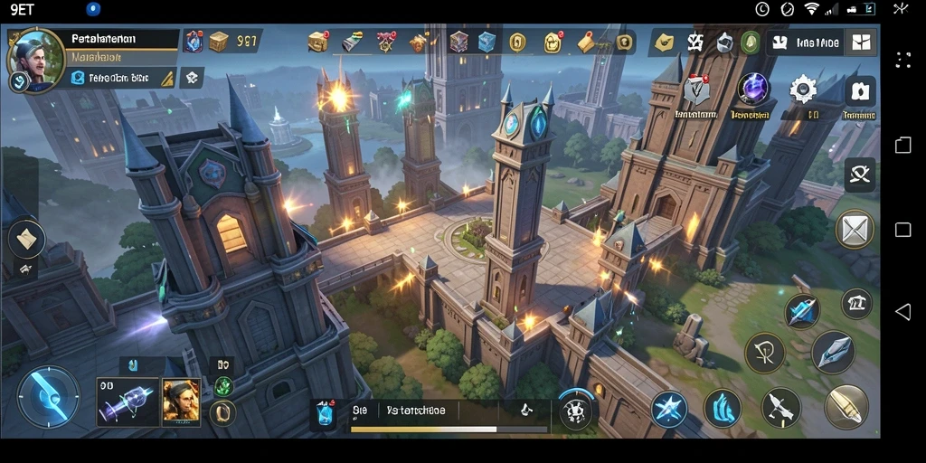 Screenshot menampilkan gameplay menara pertahanan yang intens dan strategis.