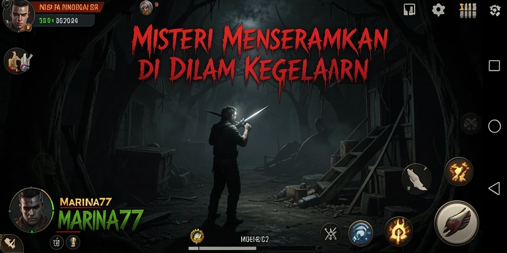 Screenshot menunjukkan karakter berjuang melawan makhluk menyeramkan di kegelapan.