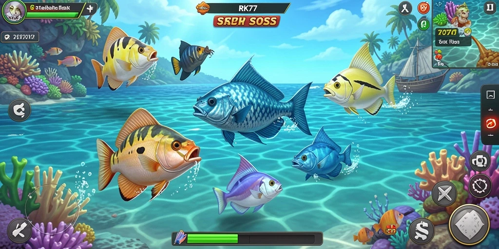 Screenshot gameplay RK77 dengan aksi menembak ikan yang seru.